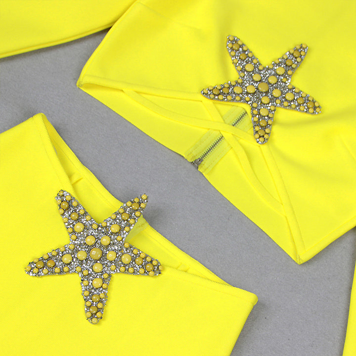 “Star” Embellished Starfish Yellow Long Sleeve high Slit Two Piece Bandage Dress