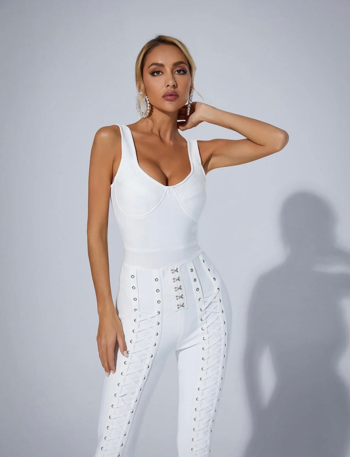 “Miyah” White Corset Detail Lace Up Bandage Jumpsuit