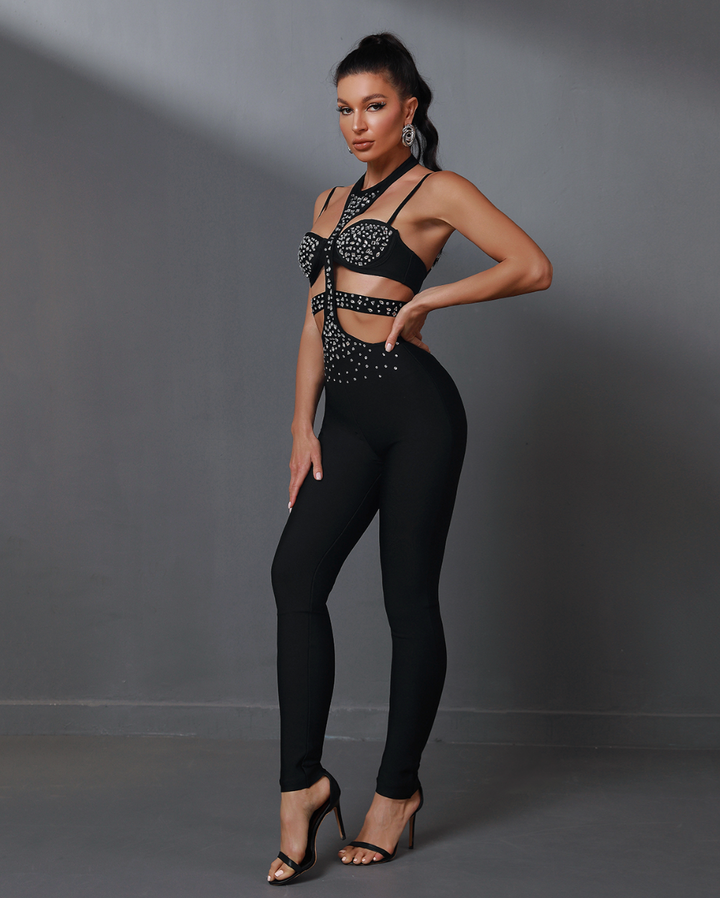 "Yolanda" Sexy Rhinestone Embellished Cut Open Bandage Jumpsuit