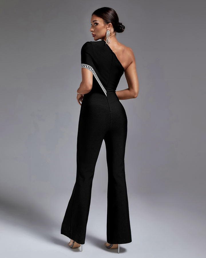 "Cina" One Shoulder Black and White Bandage Dress