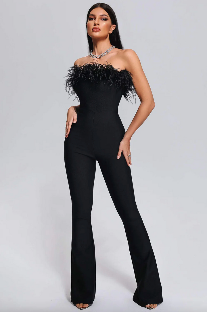 "Dima" Black Bandeau Feather Bandage Jumpsuit