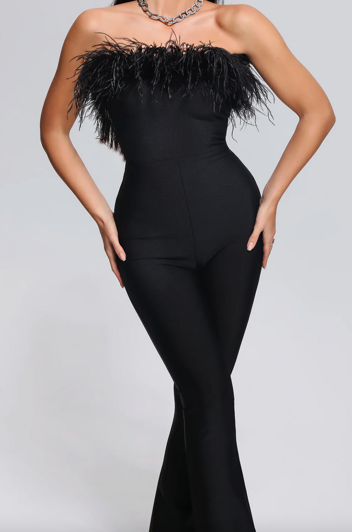 "Dima" Black Bandeau Feather Bandage Jumpsuit