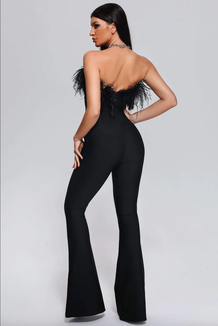 "Dima" Black Bandeau Feather Bandage Jumpsuit