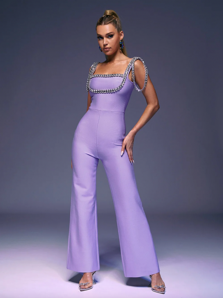 "Isla" Crystal Beaded Purple Bandage Jumpsuit