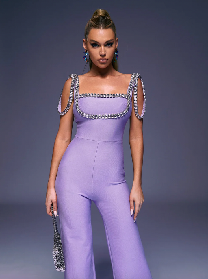 "Isla" Crystal Beaded Purple Bandage Jumpsuit