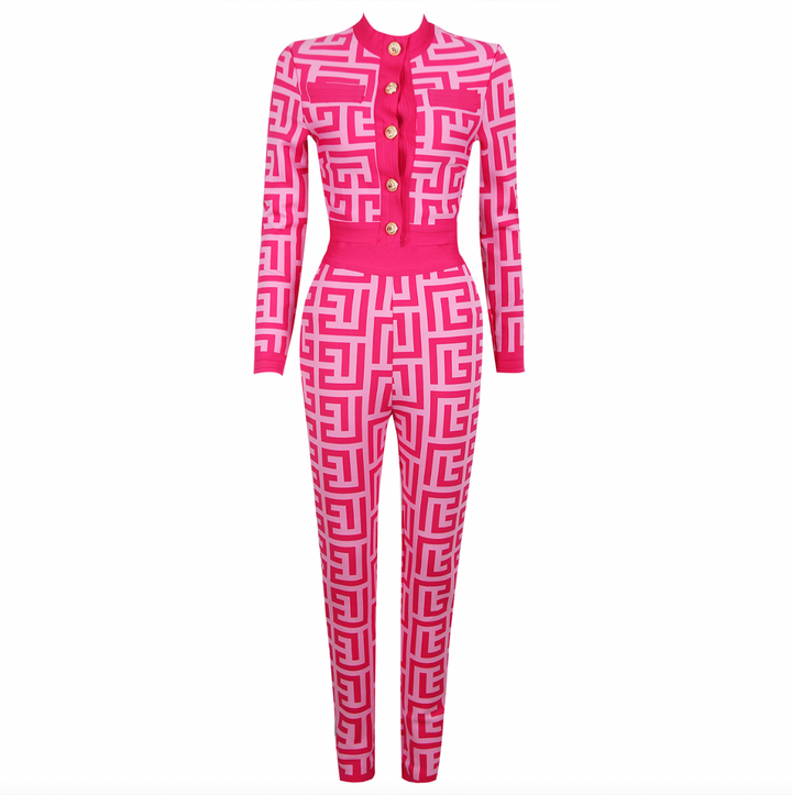 "Barbie" Pink Gold Buttoned Plaid Long Sleeve Bandage Two Piece Pants Set