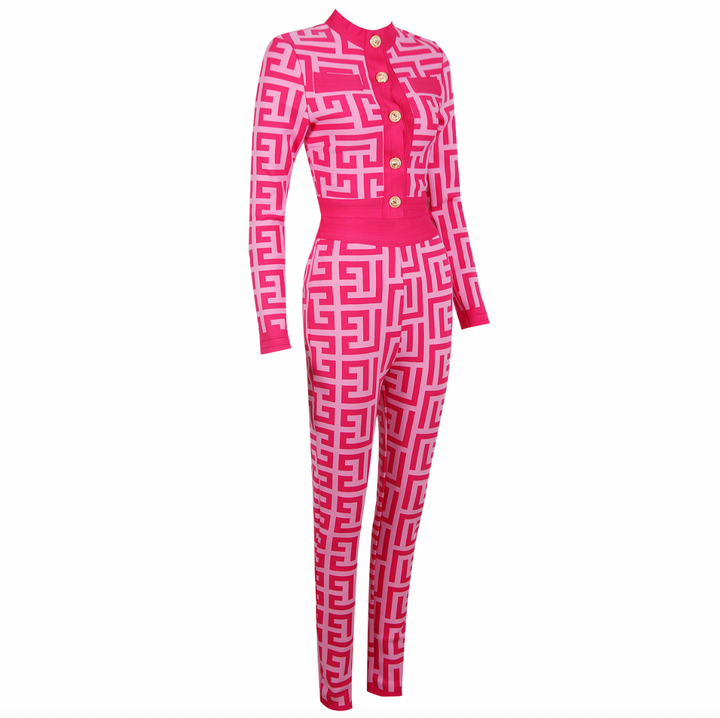 "Barbie" Pink Gold Buttoned Plaid Long Sleeve Bandage Two Piece Pants Set