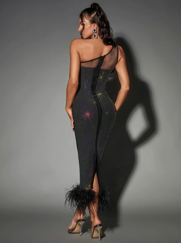 "Lolly" Black Mesh Rhinestone Detail Feather Bandage Dress