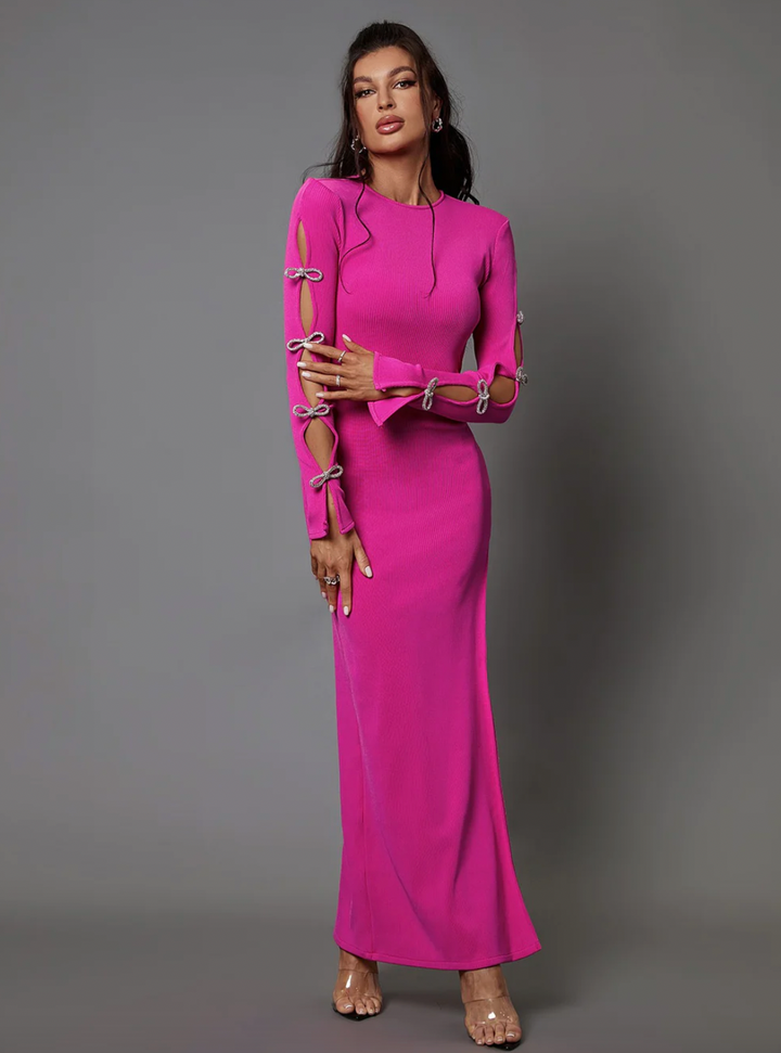 "Marina" Crystal Bow Cutout Sleeve Pink Bandage Dress