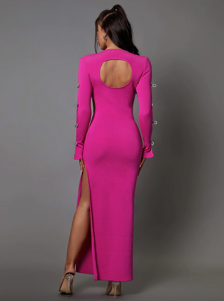 "Marina" Crystal Bow Cutout Sleeve Pink Bandage Dress