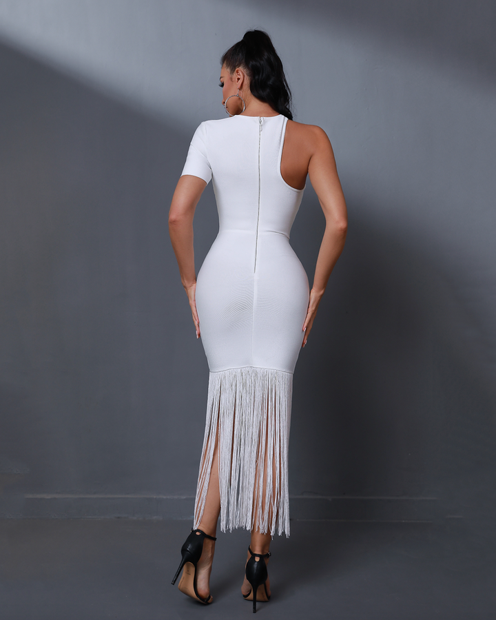 "Estella" White Asymmetric Tassel Bandage Dress