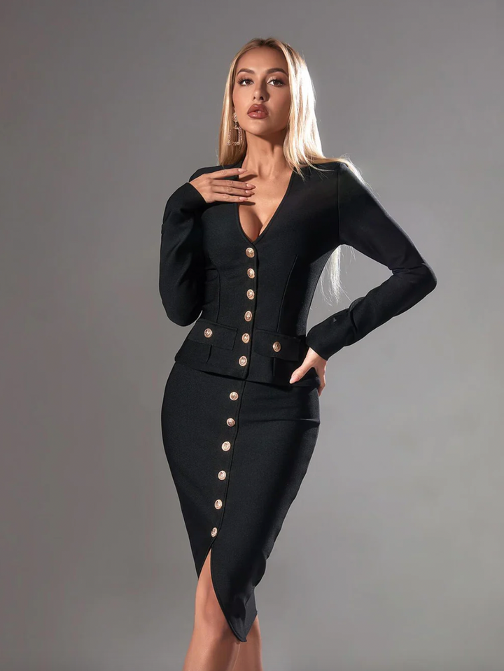 "Ebba" Gold Button Detail Long Sleeve Bandage Two Piece Dress