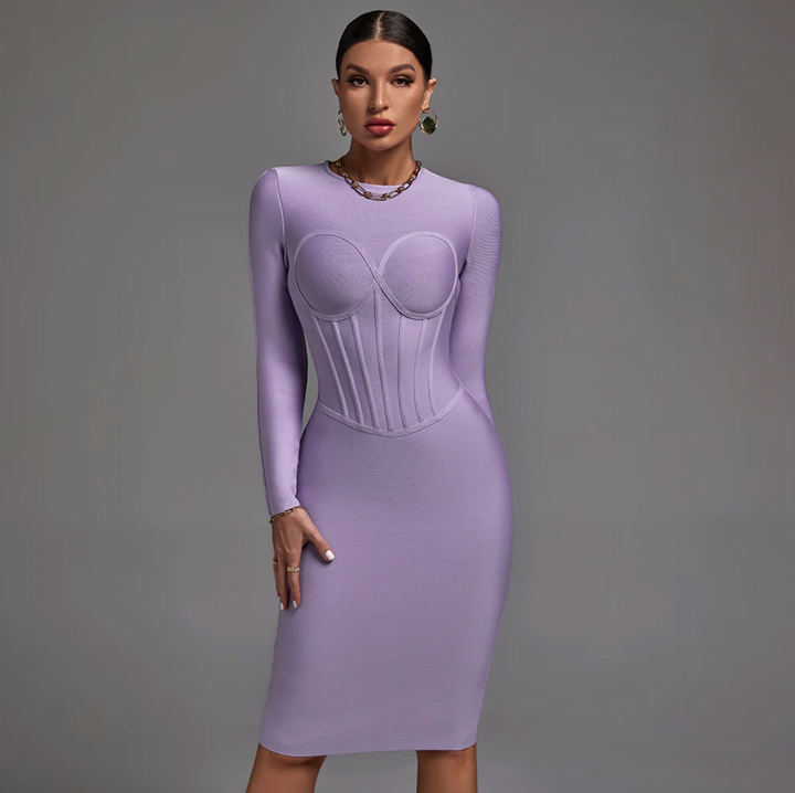 "Aloe" Body Hugging Long Sleeve Purple Bandage Dress