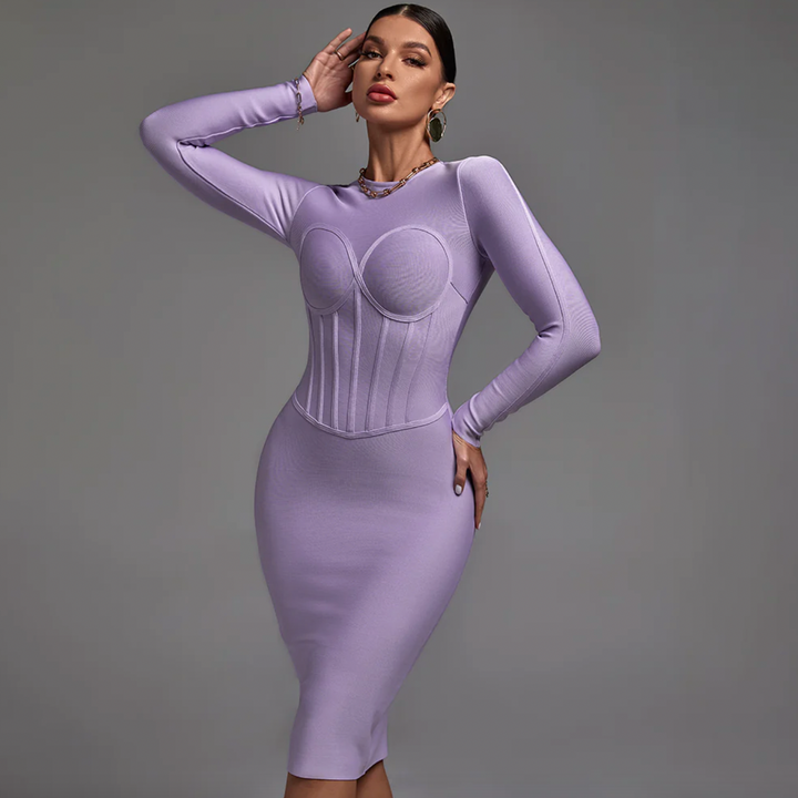 "Aloe" Body Hugging Long Sleeve Purple Bandage Dress
