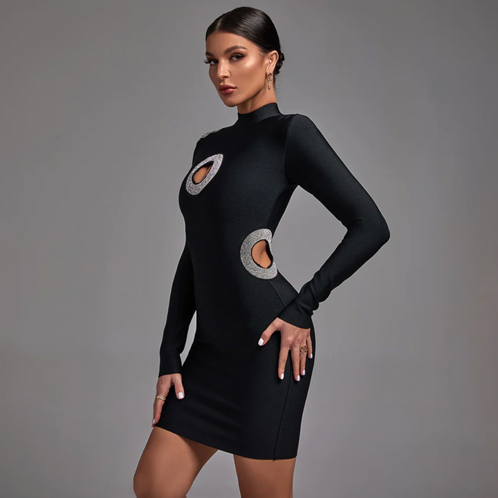 "Jaz" Black High Neck Embellished Cut Out Bandage Dress
