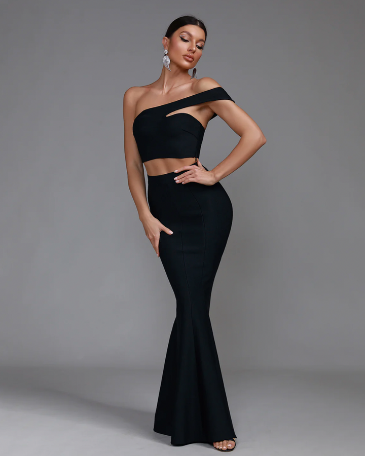 "Shayla"Black One Shoulder Crop Top & Maxi Skirt Bandage Dress
