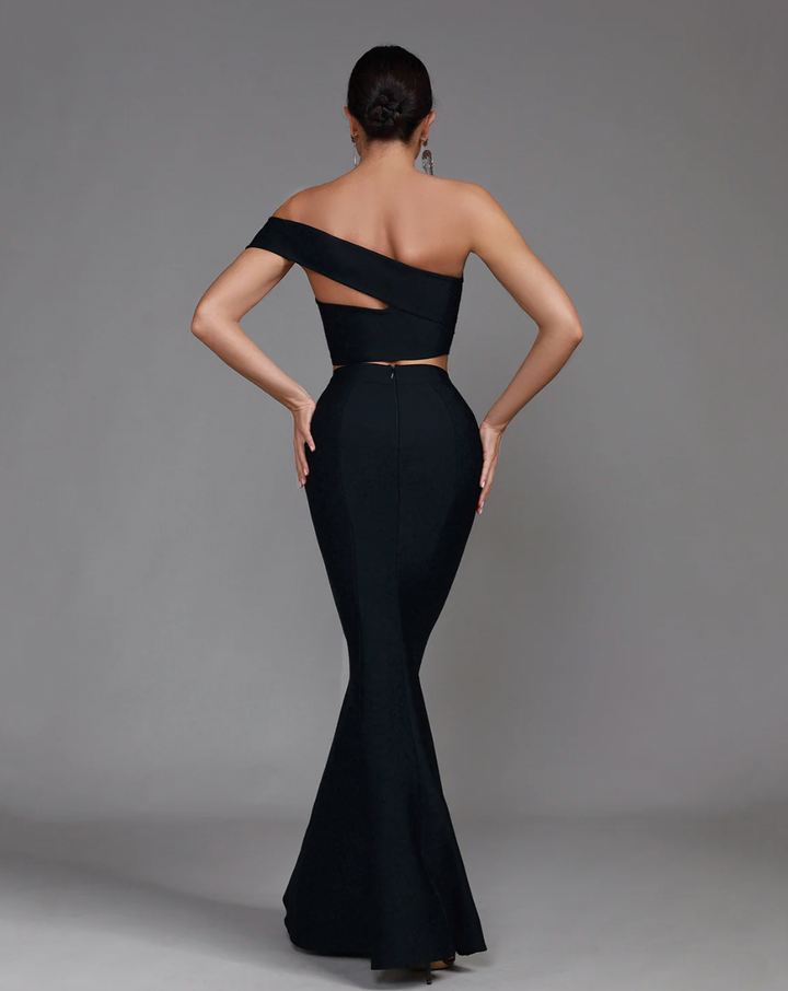 "Shayla"Black One Shoulder Crop Top & Maxi Skirt Bandage Dress