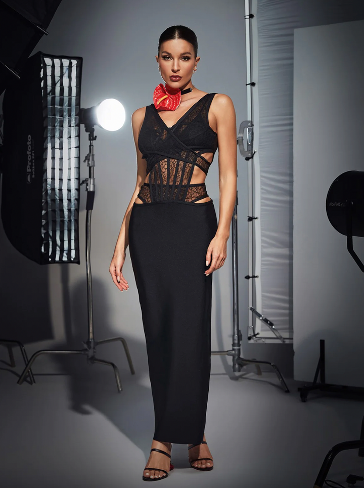 "Dolce" Sexy Lace Detailed Black Evening Bandage Dress