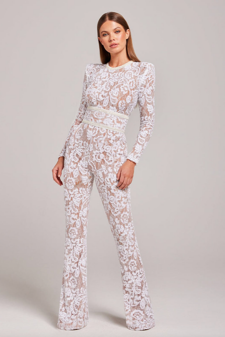 "Selena" White Sequin Lace Bandage Jumpsuit