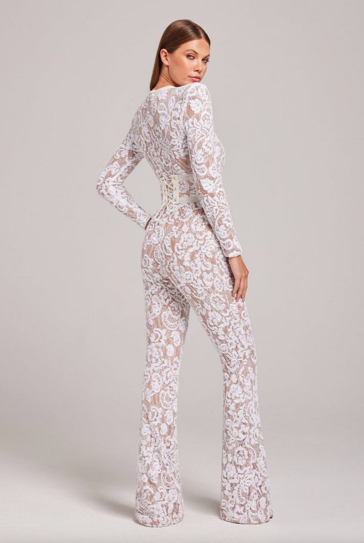 "Selena" White Sequin Lace Bandage Jumpsuit