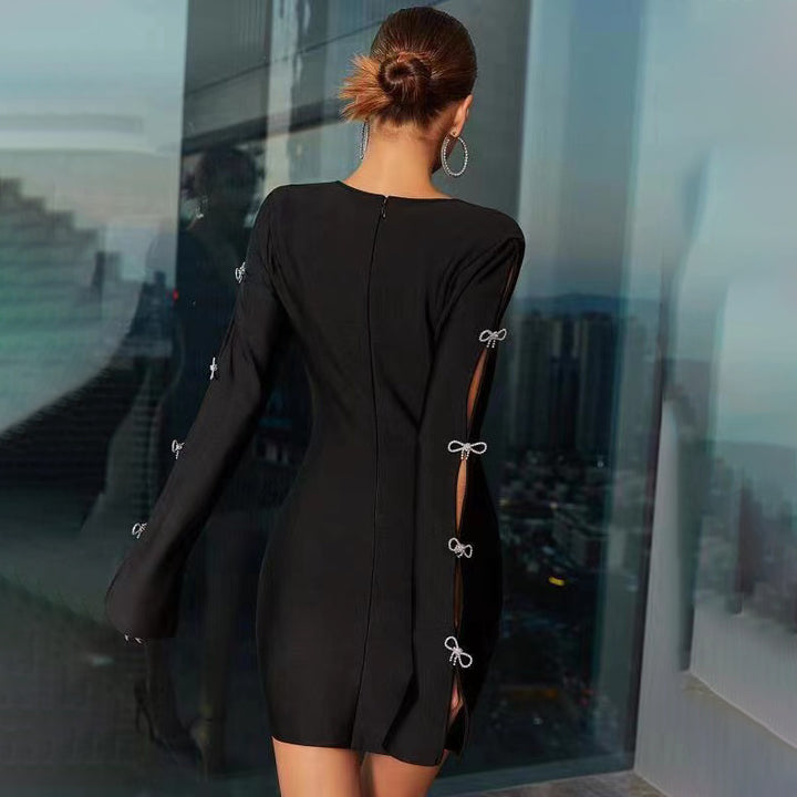 “Lantha” Crystal Bow Cutout Black Mini Bandage Dress