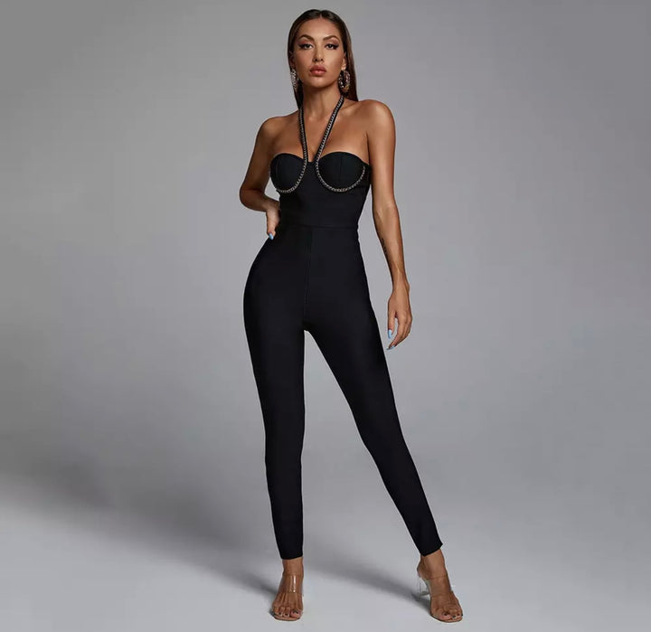 “Bebe” Gold Chain Halter Neck Black Bandage Jumpsuit