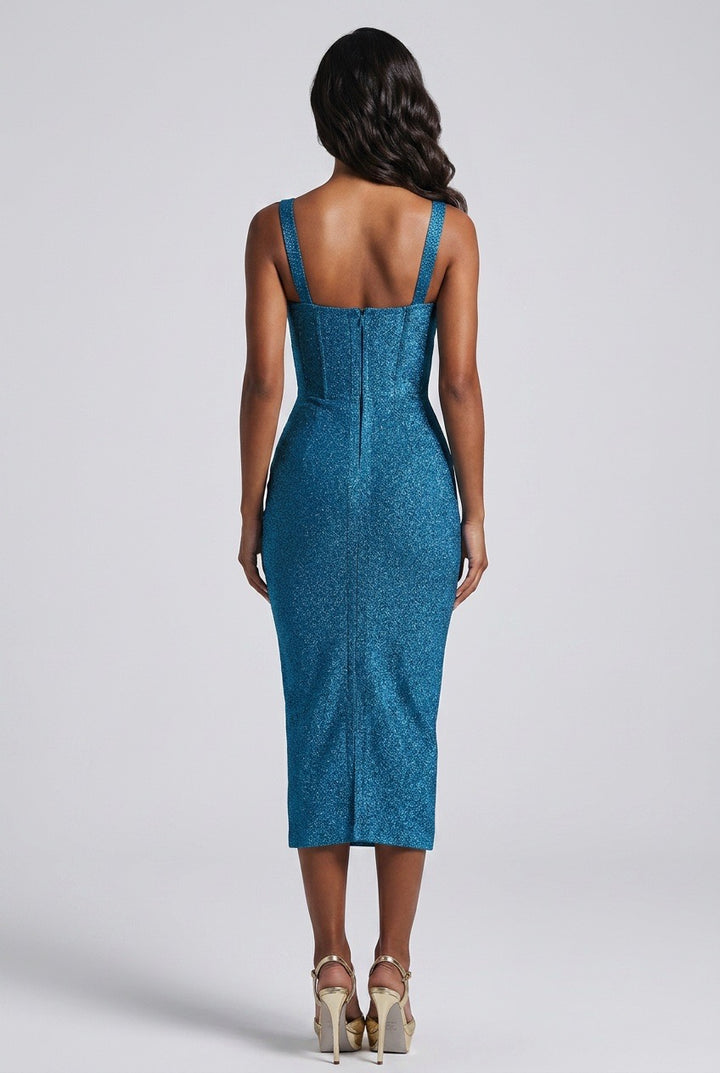 “Yelena” Shimmer Blue Bralette Bandage Dress with Gold Buckle Strap
