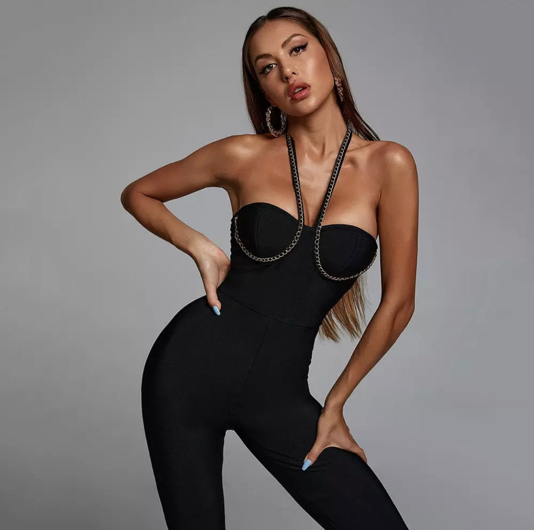 “Bebe” Gold Chain Halter Neck Black Bandage Jumpsuit