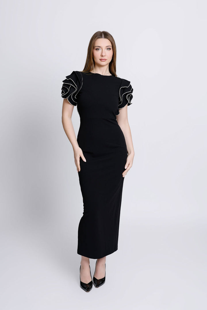 "Beatrice" Black with Embellished Ruffle Shoulders with Cut Open Back Dress