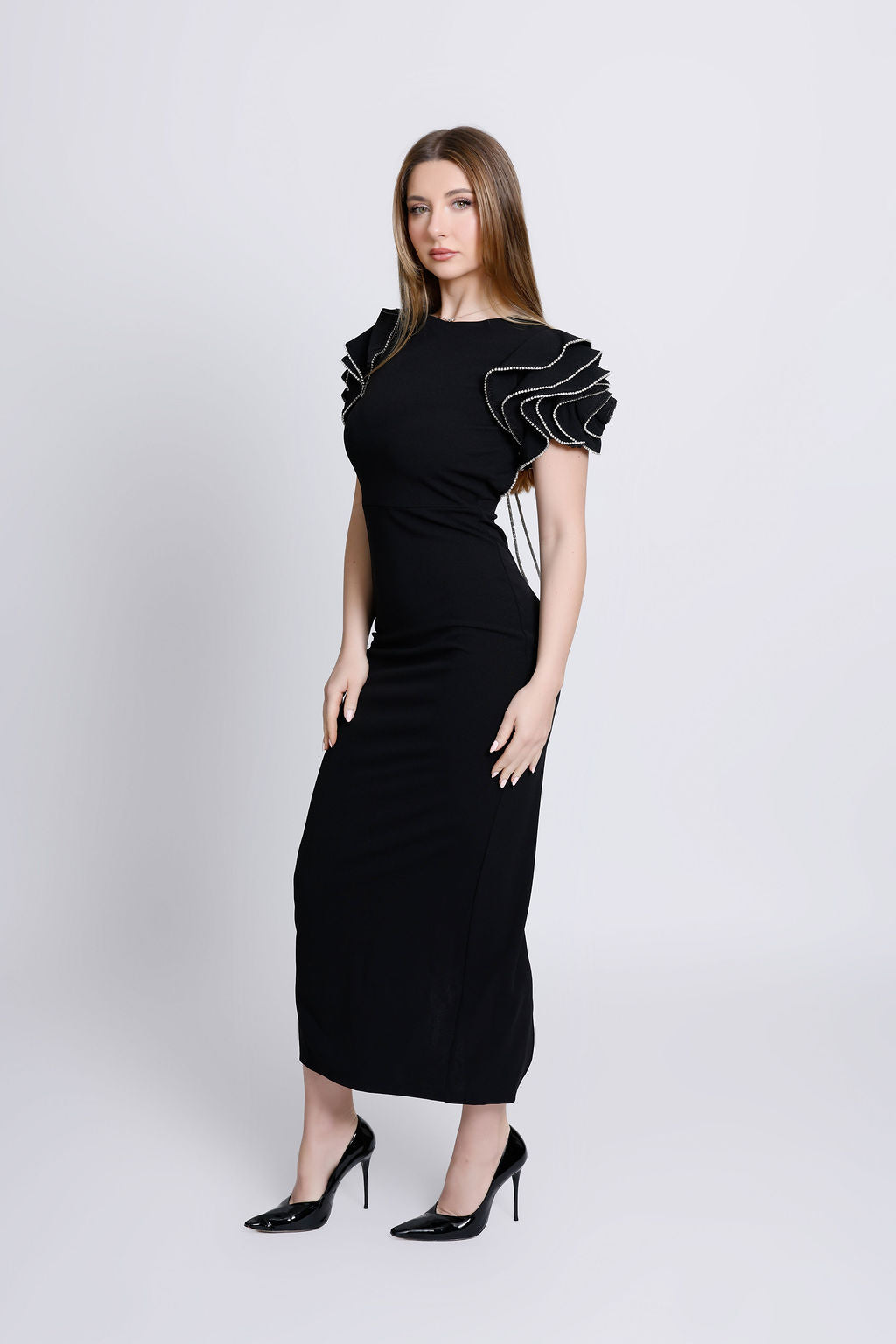 "Beatrice" Black with Embellished Ruffle Shoulders with Cut Open Back Dress