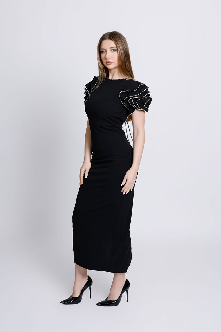 "Beatrice" Black with Embellished Ruffle Shoulders with Cut Open Back Dress