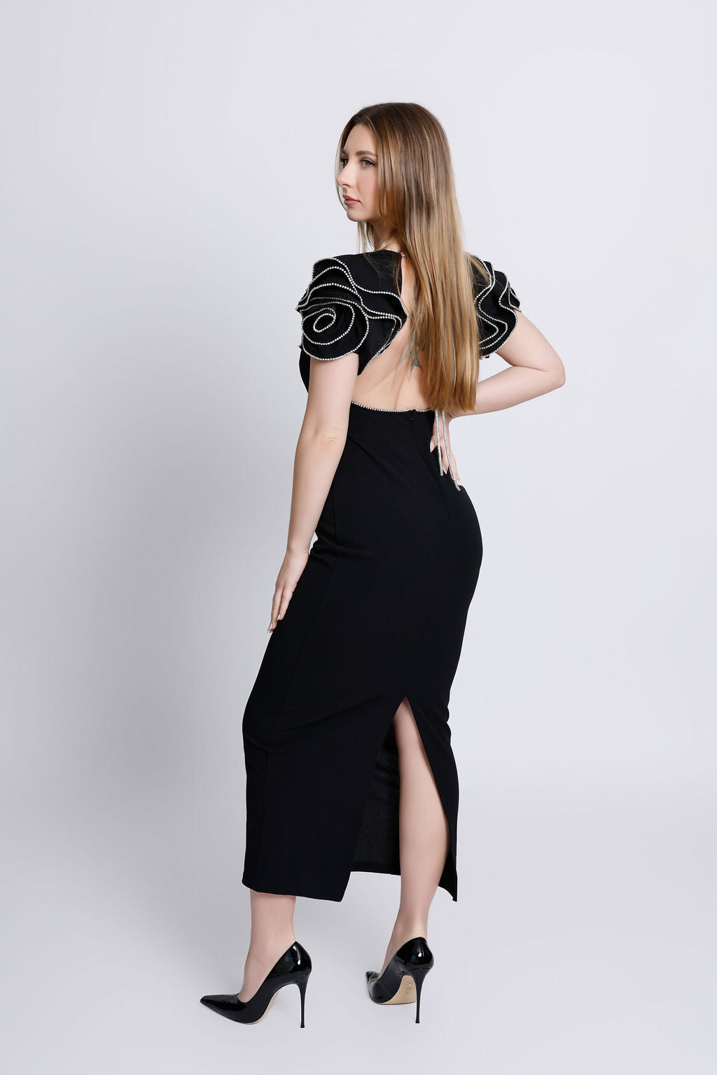 "Beatrice" Black with Embellished Ruffle Shoulders with Cut Open Back Dress