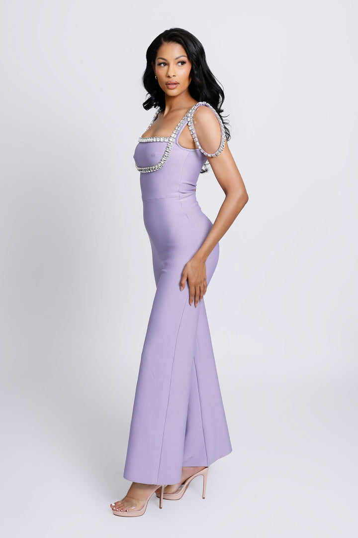 "Isla" Crystal Beaded Purple Bandage Jumpsuit