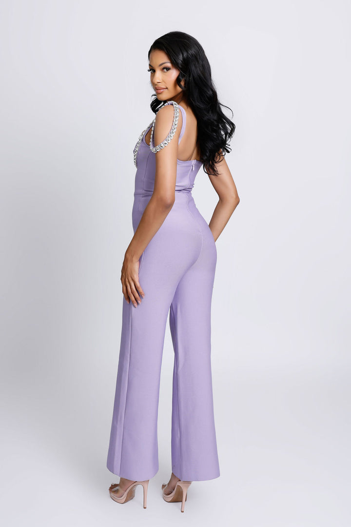 "Isla" Crystal Beaded Purple Bandage Jumpsuit