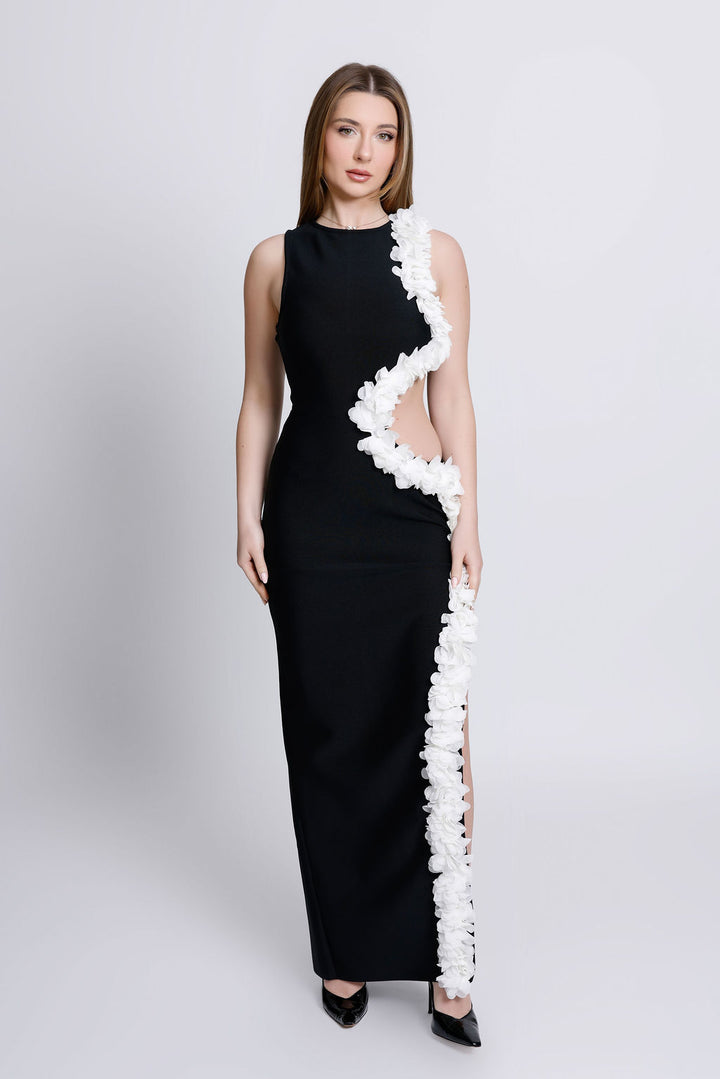 "Elenora"Black Sleeveless Hollow Out Flowers Slit Bandage Maxi Dress