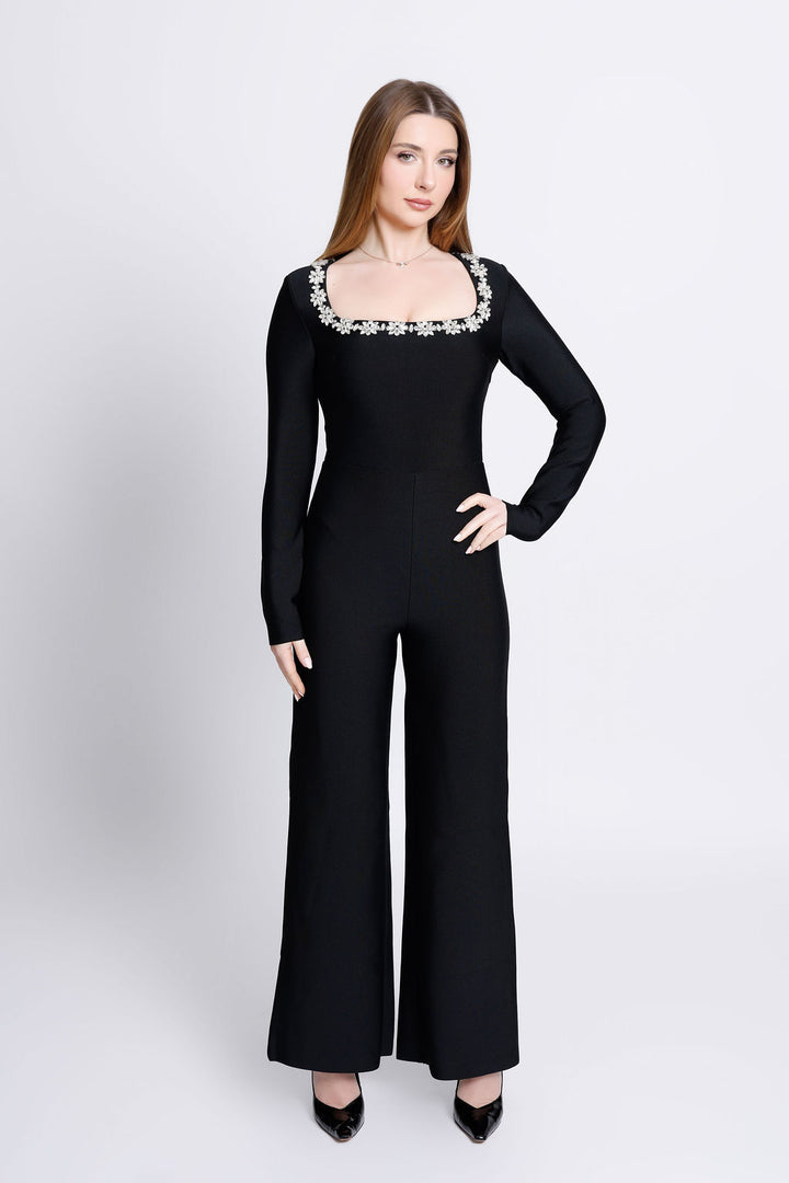 "Greta" Embellished Neckline Long Sleeve Bandage Jumpsuit