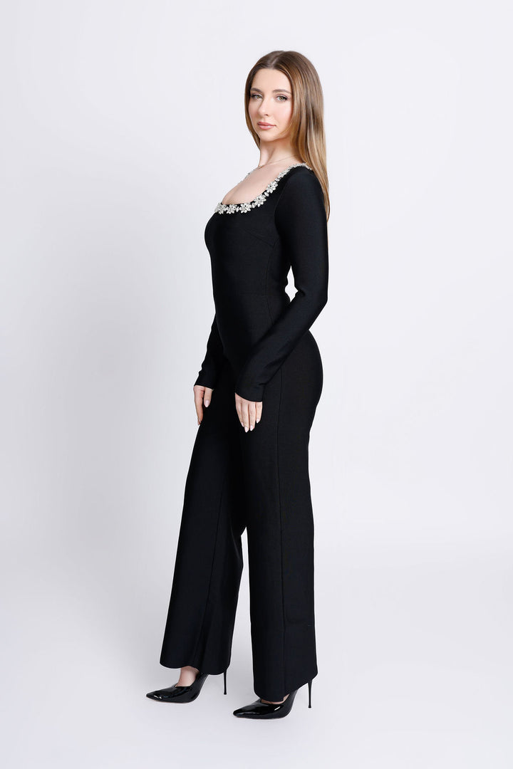 "Greta" Embellished Neckline Long Sleeve Bandage Jumpsuit