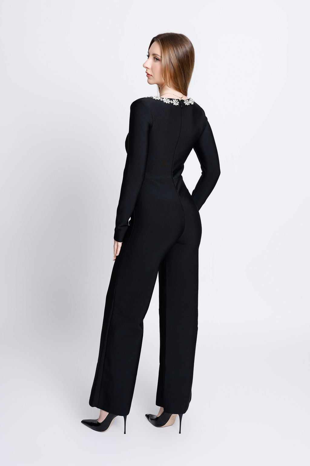 "Greta" Embellished Neckline Long Sleeve Bandage Jumpsuit