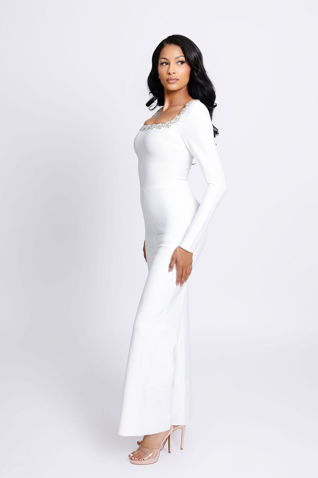 "Greta" Embellished Neckline Long Sleeve Bandage Jumpsuit