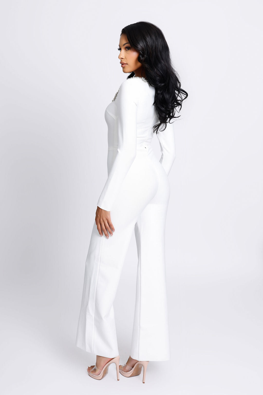 "Greta" Embellished Neckline Long Sleeve Bandage Jumpsuit