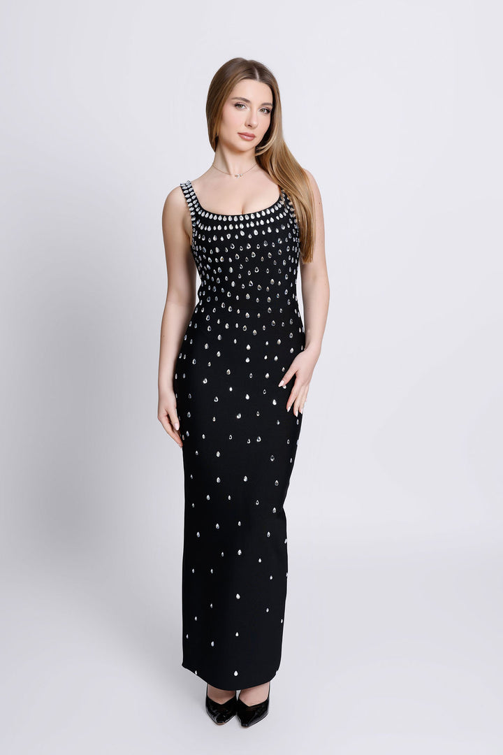 "Ziva" Stone Embellished Black Bandage Dress