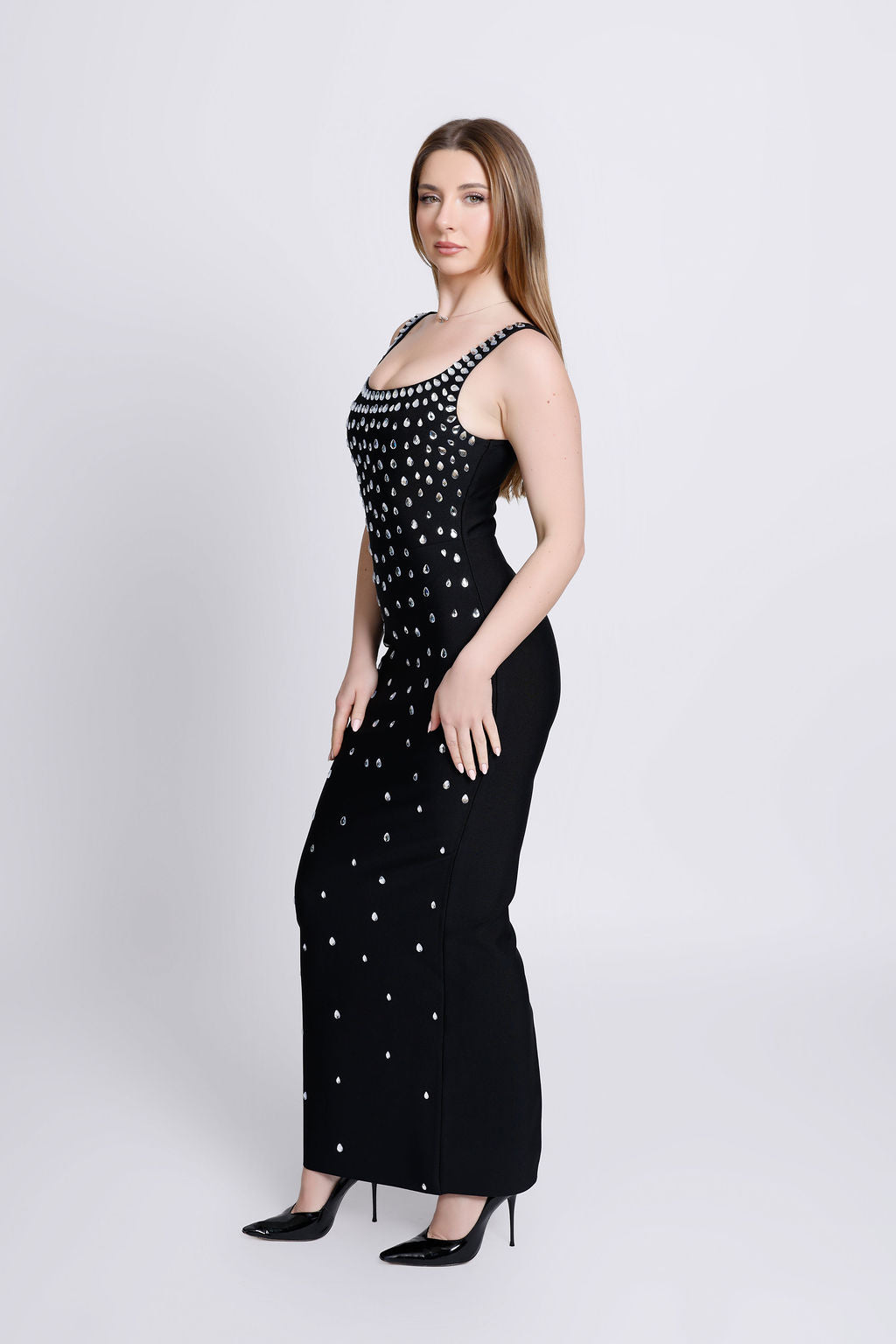 "Ziva" Stone Embellished Black Bandage Dress