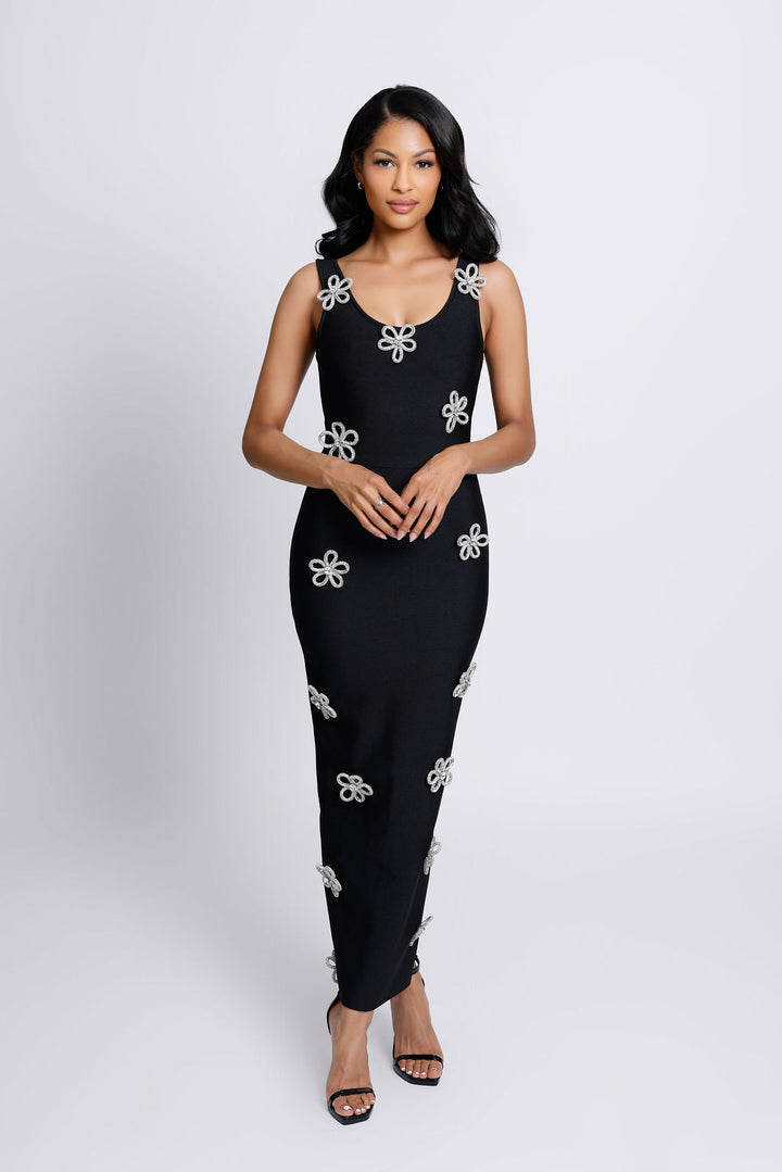 "Lidia" Black Embellished Floral Detailed Bandage Dress