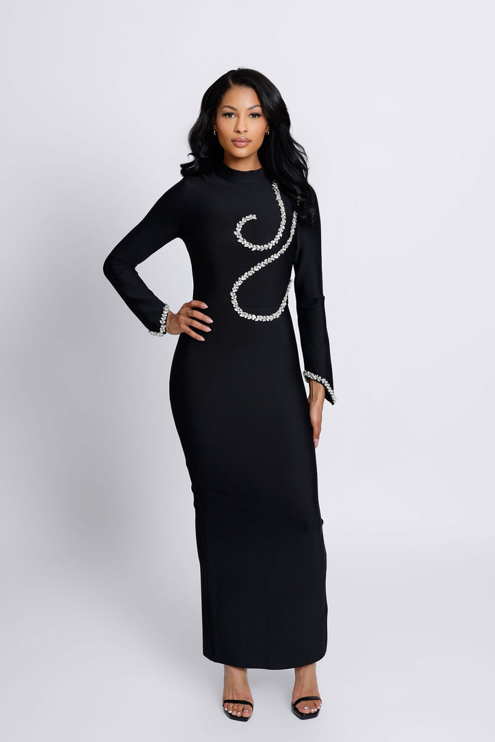 "Doja" Black Crystal Embellished High Neck Long Sleeve Bandage Dress