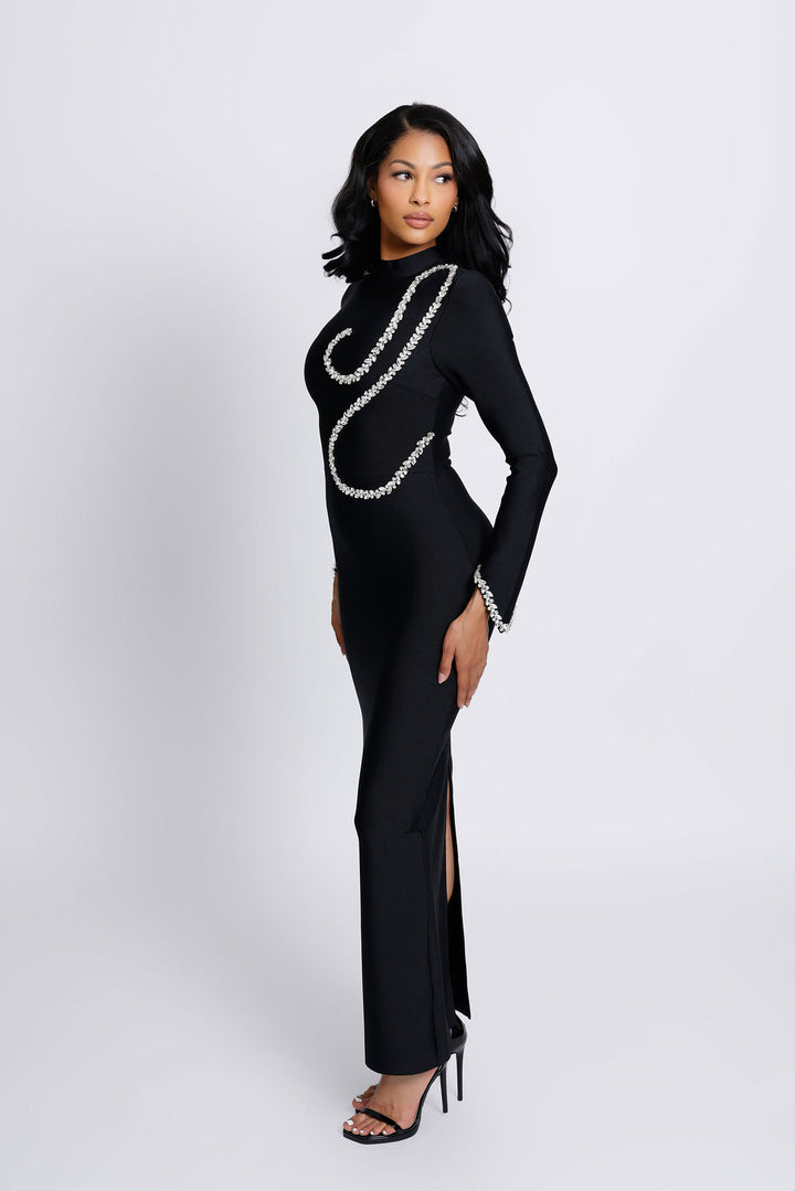 "Doja" Black Crystal Embellished High Neck Long Sleeve Bandage Dress
