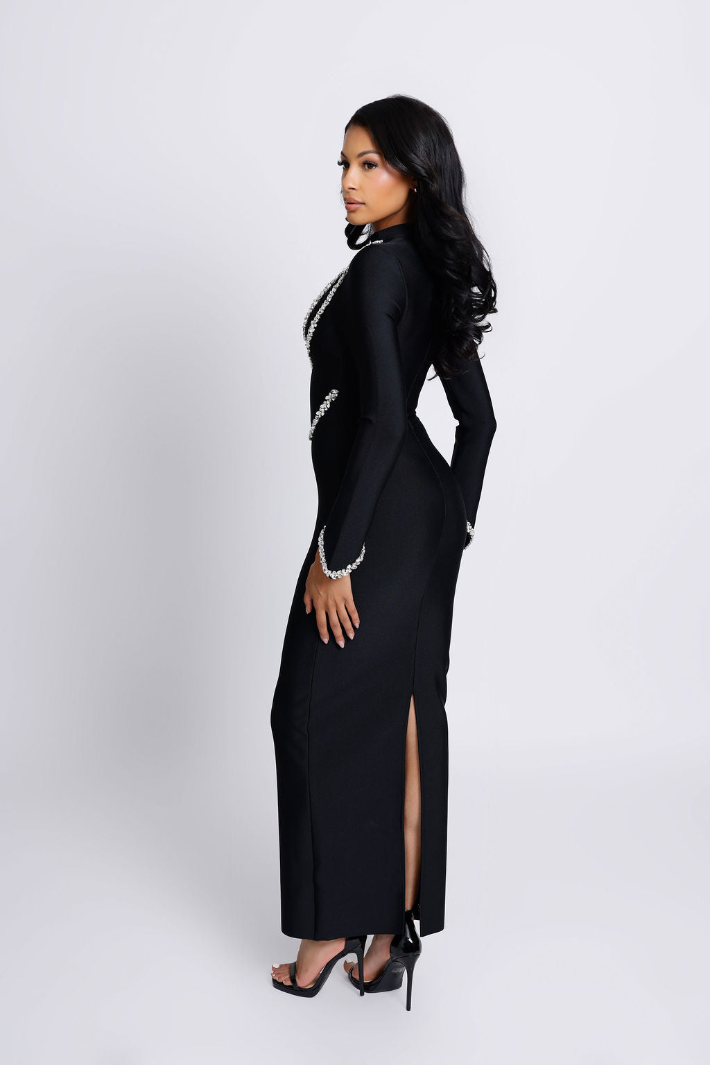 "Doja" Black Crystal Embellished High Neck Long Sleeve Bandage Dress