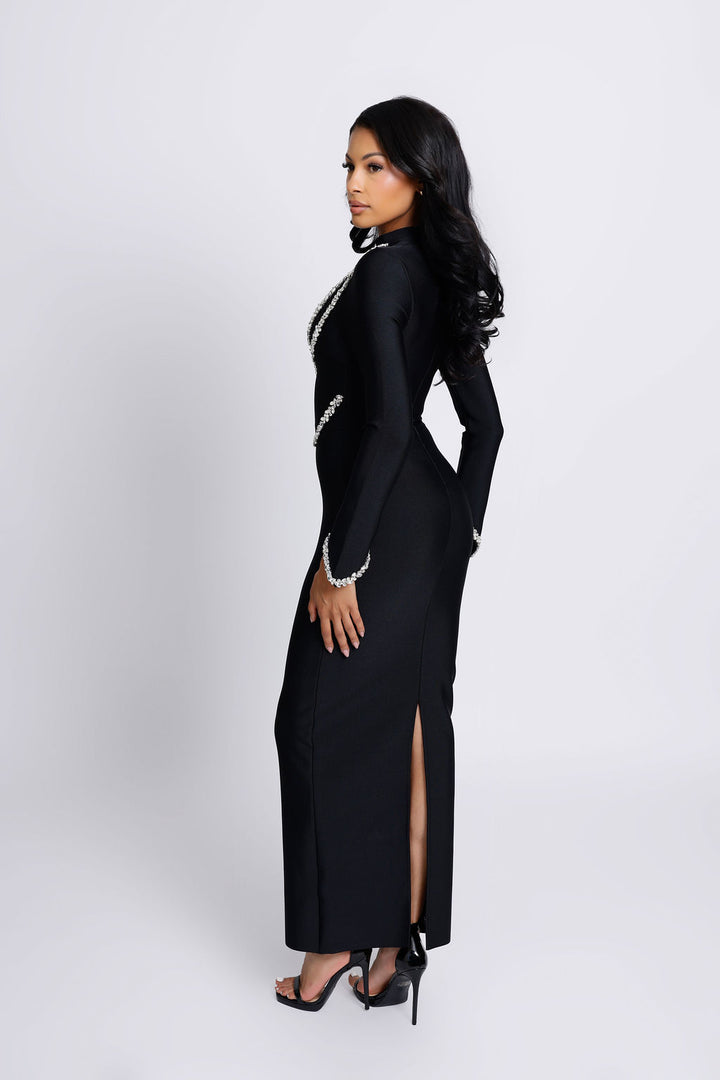 "Doja" Black Crystal Embellished High Neck Long Sleeve Bandage Dress