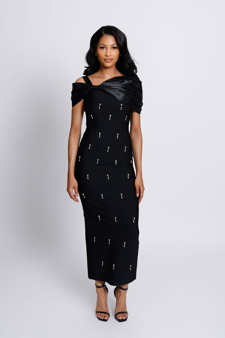 "Florence" Off the Shoulder Crystal Embellished Bandage Maxi Dress