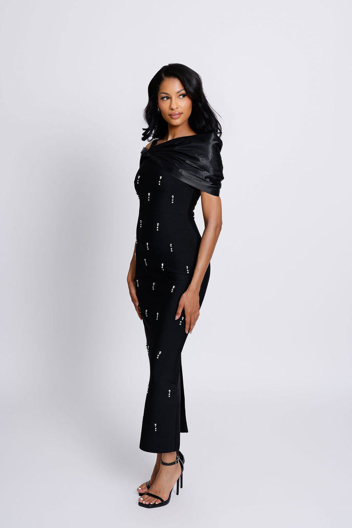 "Florence" Off the Shoulder Crystal Embellished Bandage Maxi Dress