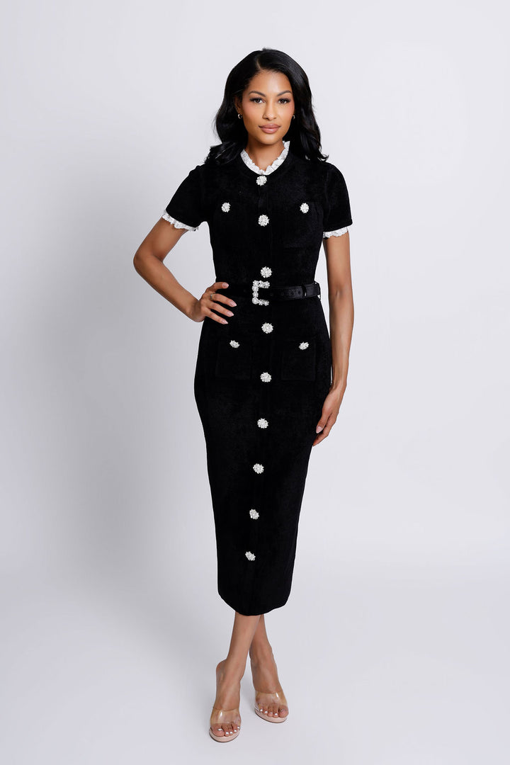 "Azora" Crystal Embellished Button with Belt Midi Dress